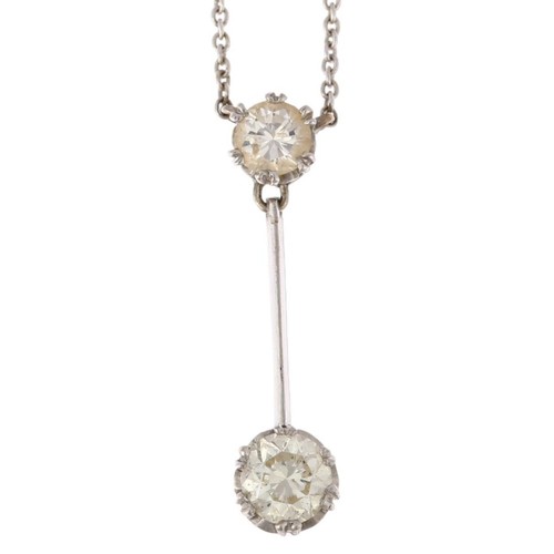 1107 - An 18ct white gold two stone diamond drop pendant necklace, claw set with modern round brilliant-cut... 