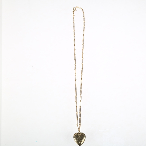 1301 - An Antique heart locket pendant necklace, on 15ct bar link chain, pendant apparently unmarked, 22.5m... 