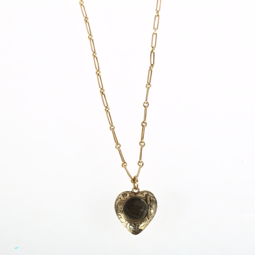 1301 - An Antique heart locket pendant necklace, on 15ct bar link chain, pendant apparently unmarked, 22.5m... 