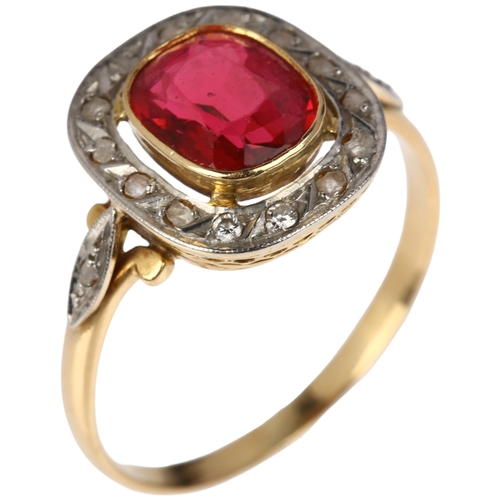 1302 - A French 18ct gold late 20th century garnet-topped-doublet diamond cluster ring, rub-over set with o... 