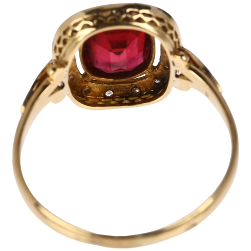 1302 - A French 18ct gold late 20th century garnet-topped-doublet diamond cluster ring, rub-over set with o... 