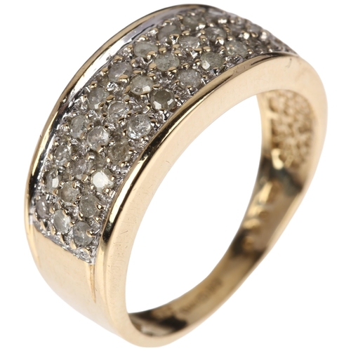 1305 - A modern 9ct gold diamond triple-row band ring, pave set with single-cut diamonds, total diamond con... 