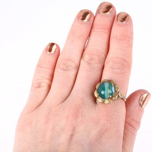 1314 - A late 20th century 9ct gold green lace agate flowerhead ring, London 1972, claw set with round cabo... 