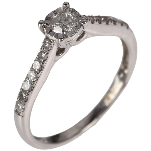 1320 - A modern 9ct white gold solitaire diamond ring, illusion set with modern round brilliant-cut diamond... 