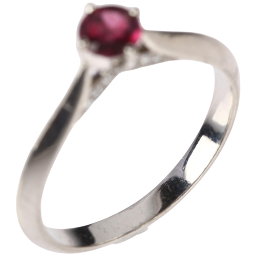 1321 - A platinum almandine garnet and diamond ring, claw set with round-cut garnet and single-cut diamond ... 