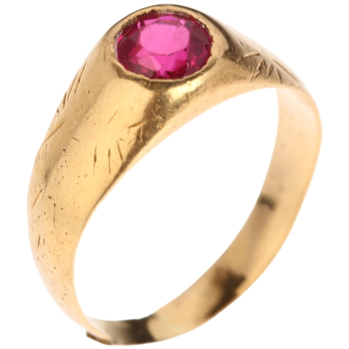 1322 - An early 20th century solitaire synthetic ruby gypsy ring, rub-over set with 1.25ct round-cut synthe... 