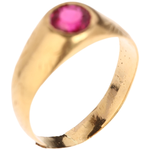 1322 - An early 20th century solitaire synthetic ruby gypsy ring, rub-over set with 1.25ct round-cut synthe... 