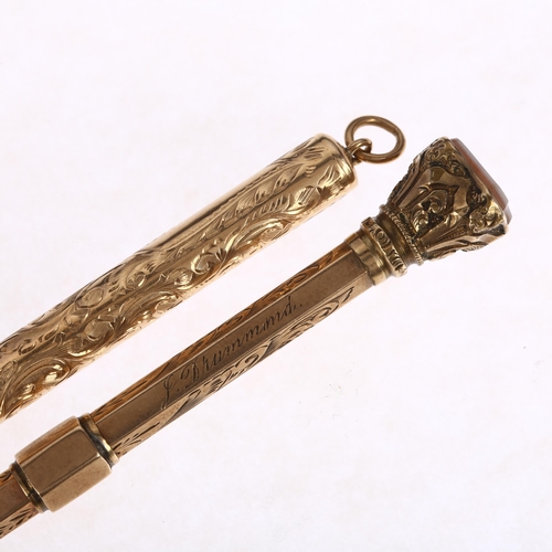 1324 - An early 20th century 9ct gold propelling pencil, maker FCB, allover engraved foliate decoration, ex... 