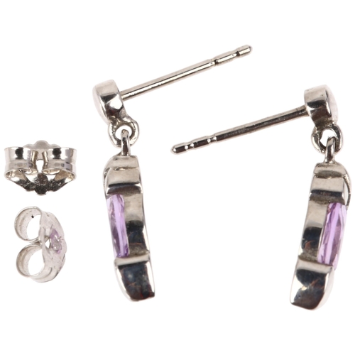 1331 - A pair of 9ct white gold amethyst drop earrings, set with marquise-cut amethysts, with stud fittings... 