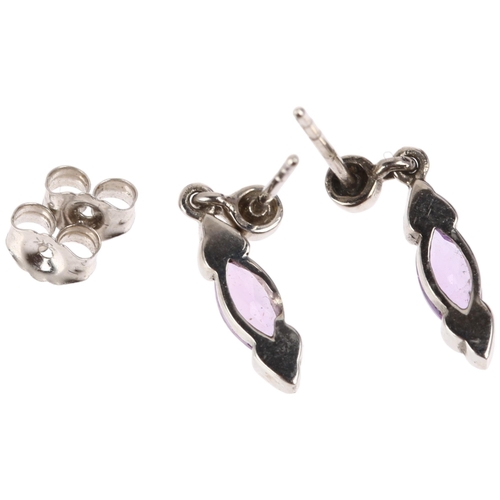 1331 - A pair of 9ct white gold amethyst drop earrings, set with marquise-cut amethysts, with stud fittings... 