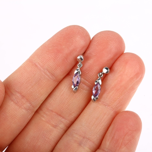 1331 - A pair of 9ct white gold amethyst drop earrings, set with marquise-cut amethysts, with stud fittings... 