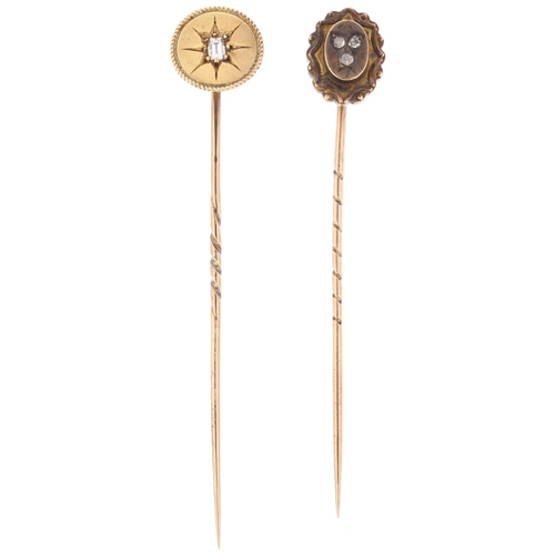 1334 - 2 Victorian gold and diamond stickpins, largest overall 16.2mm, 3g total (2)