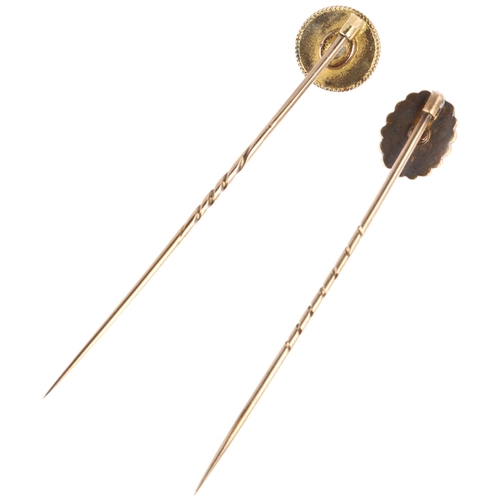 1334 - 2 Victorian gold and diamond stickpins, largest overall 16.2mm, 3g total (2)