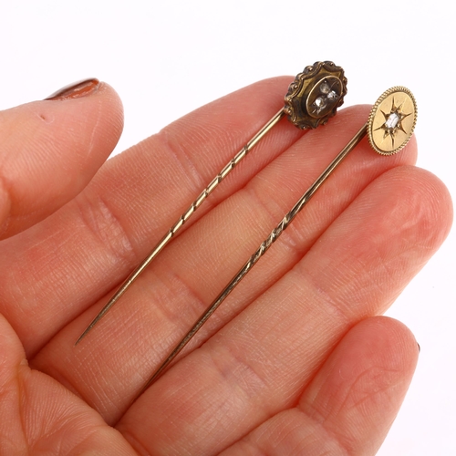 1334 - 2 Victorian gold and diamond stickpins, largest overall 16.2mm, 3g total (2)