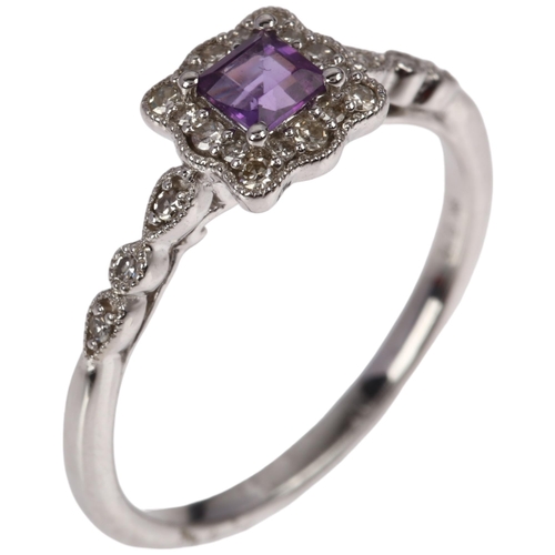 1335 - A modern 9ct white gold amethyst and diamond square cluster ring, total diamond content approx 0.12c... 