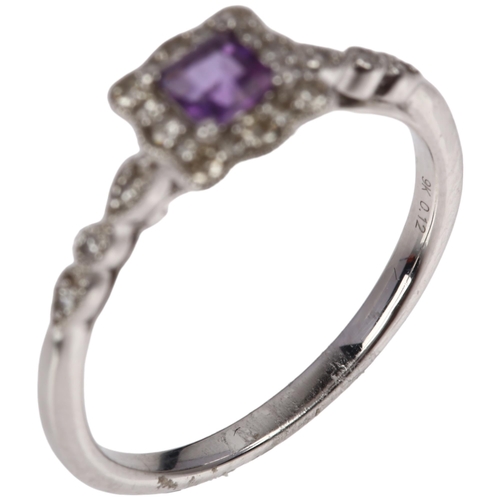 1335 - A modern 9ct white gold amethyst and diamond square cluster ring, total diamond content approx 0.12c... 