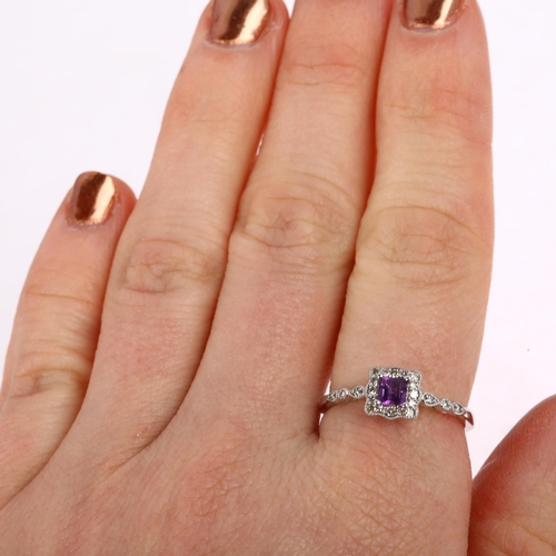 1335 - A modern 9ct white gold amethyst and diamond square cluster ring, total diamond content approx 0.12c... 