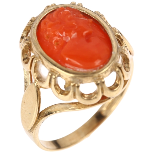 1338 - A modern 9ct gold coral cameo ring, maker GVA, relief carved depicting female profile, setting heigh... 