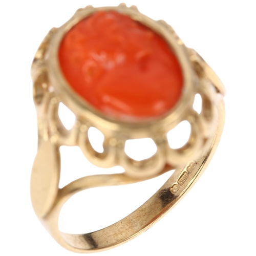 1338 - A modern 9ct gold coral cameo ring, maker GVA, relief carved depicting female profile, setting heigh... 