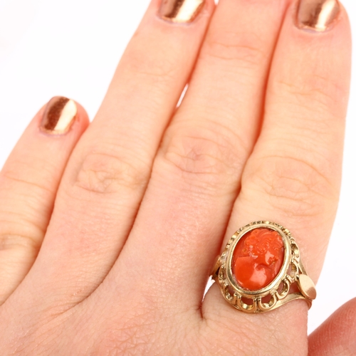 1338 - A modern 9ct gold coral cameo ring, maker GVA, relief carved depicting female profile, setting heigh... 