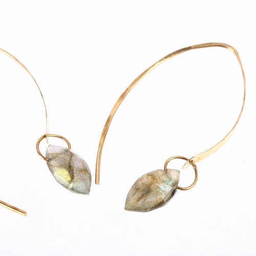 1339 - A modern pair of 9ct gold labradorite drop earrings, maker MJM, London 2015, set with marquise-cut l... 