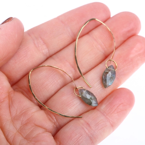 1339 - A modern pair of 9ct gold labradorite drop earrings, maker MJM, London 2015, set with marquise-cut l... 