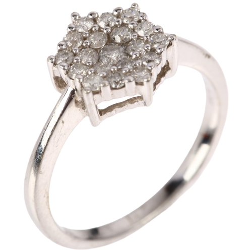 1341 - A modern 9ct white gold diamond hexagonal cluster ring, claw set with modern round brilliant-cut dia... 