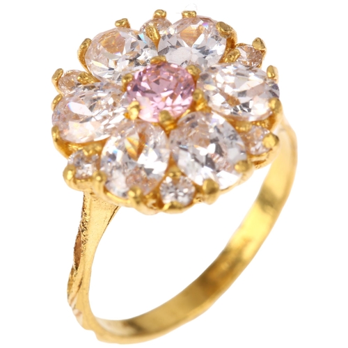 1342 - A modern 22ct gold cubic zirconia flowerhead cluster ring, maker SWJ, setting height 13.8mm, size L,... 