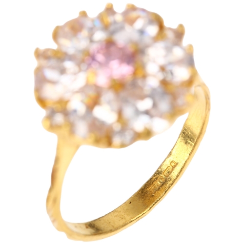 1342 - A modern 22ct gold cubic zirconia flowerhead cluster ring, maker SWJ, setting height 13.8mm, size L,... 