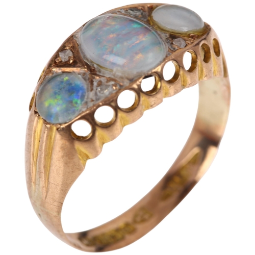 1344 - An early 20th century 9ct rose gold seven stone opal triplet and diamond half hoop ring, maker WN, C... 