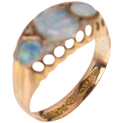 1344 - An early 20th century 9ct rose gold seven stone opal triplet and diamond half hoop ring, maker WN, C... 