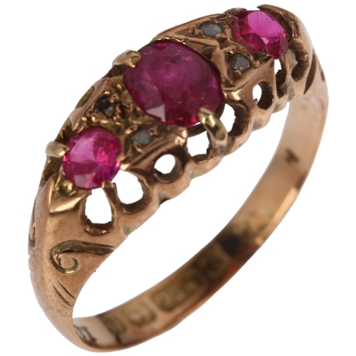 1345 - An early 20th century 9ct rose gold seven stone ruby and diamond half hoop ring, indistinct maker, B... 