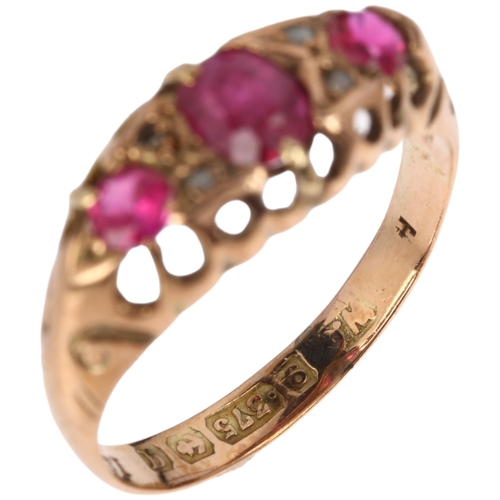 1345 - An early 20th century 9ct rose gold seven stone ruby and diamond half hoop ring, indistinct maker, B... 