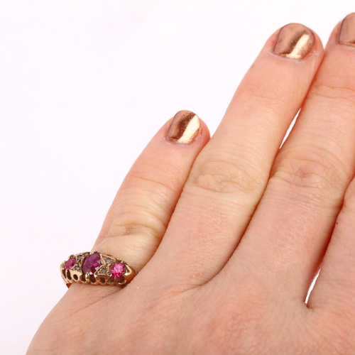 1345 - An early 20th century 9ct rose gold seven stone ruby and diamond half hoop ring, indistinct maker, B... 