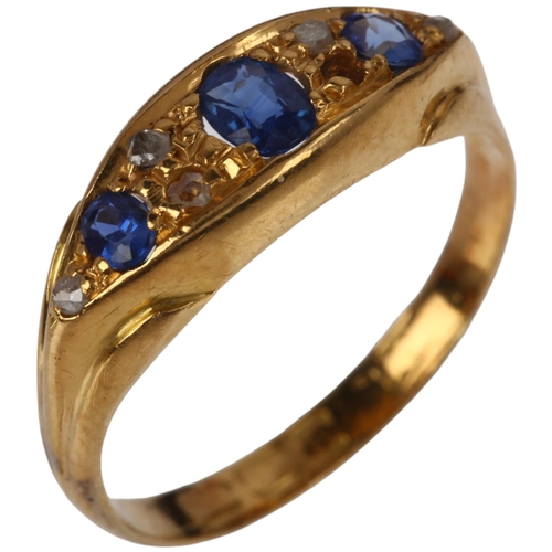 1346 - An early 20th century 18ct gold sapphire and diamond half hoop ring, indistinct hallmarks, setting h... 