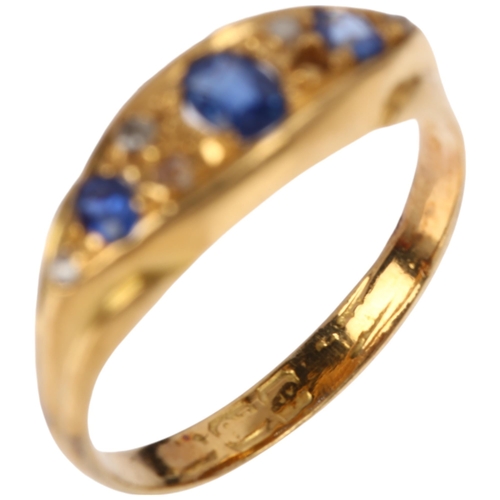 1346 - An early 20th century 18ct gold sapphire and diamond half hoop ring, indistinct hallmarks, setting h... 