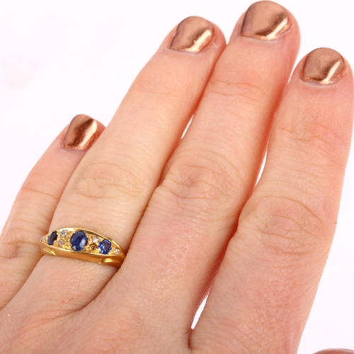 1346 - An early 20th century 18ct gold sapphire and diamond half hoop ring, indistinct hallmarks, setting h... 