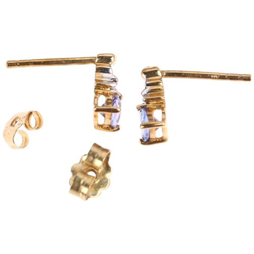 1353 - A pair of 9ct gold tanzanite and diamond earrings, claw set with trillion-cut tanzanites and single-... 