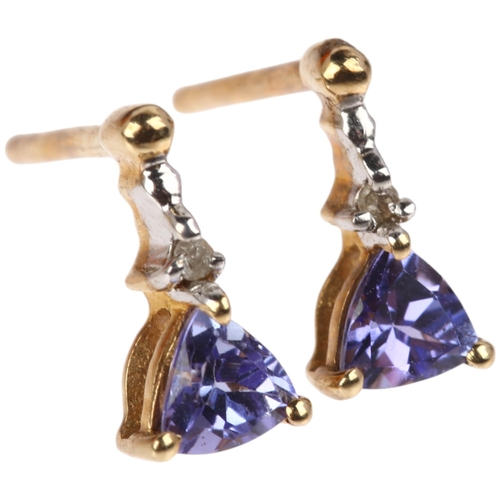 1353 - A pair of 9ct gold tanzanite and diamond earrings, claw set with trillion-cut tanzanites and single-... 