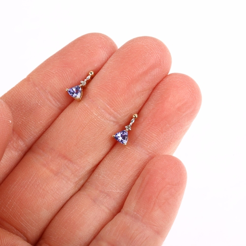 1353 - A pair of 9ct gold tanzanite and diamond earrings, claw set with trillion-cut tanzanites and single-... 