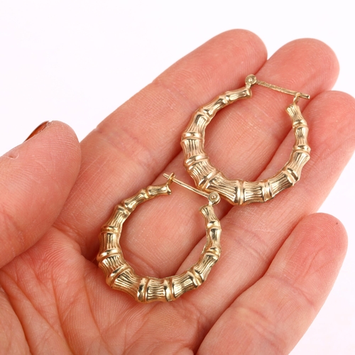 1354 - A pair of 9ct gold bamboo hoop earrings, with French lock fittings, 26.6mm, 2.2g