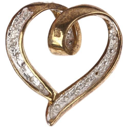 1355 - A modern 9ct gold diamond heart pendant, pave set with single-cut diamonds, 20.1mm, 1.9g