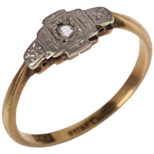 1358 - An Art Deco 9ct gold solitaire diamond panel ring, maker FHL, platinum-topped set with rose-cut diam... 