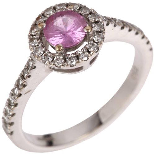 1361 - A modern 18ct white gold pink sapphire and diamond halo cluster ring, by The Diamond Store of London... 