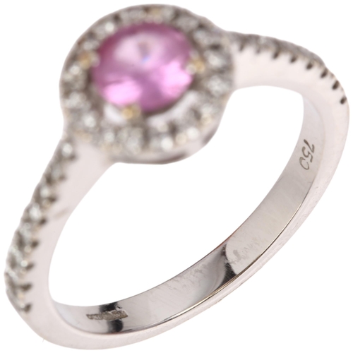 1361 - A modern 18ct white gold pink sapphire and diamond halo cluster ring, by The Diamond Store of London... 