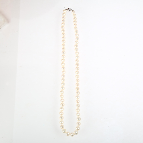 1363 - A single-strand cultured pearl bead necklace, 6.5mm pearls with 9ct white gold barrel clasp, 42cm, 2... 