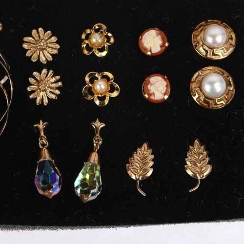 1364 - 8 pairs of 9ct gold earrings, including shell cameo examples