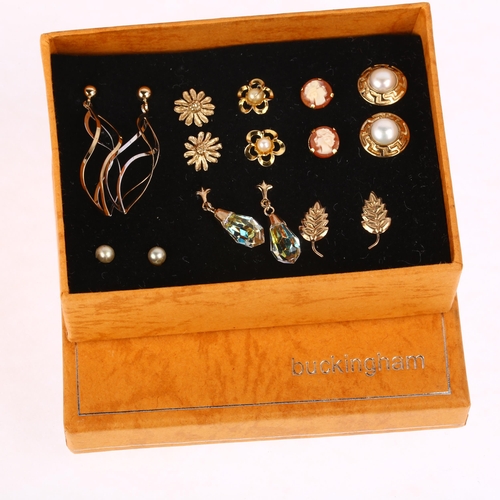 1364 - 8 pairs of 9ct gold earrings, including shell cameo examples