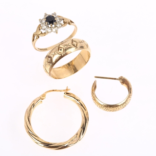 1366 - Various 9ct gold jewellery, including wedding band ring, sapphire cluster ring etc, 7.3g gross