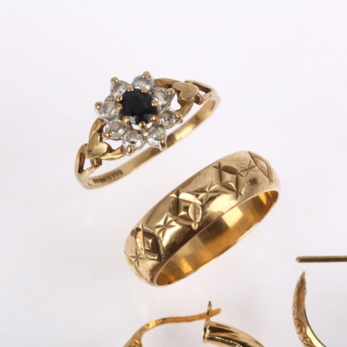 1366 - Various 9ct gold jewellery, including wedding band ring, sapphire cluster ring etc, 7.3g gross